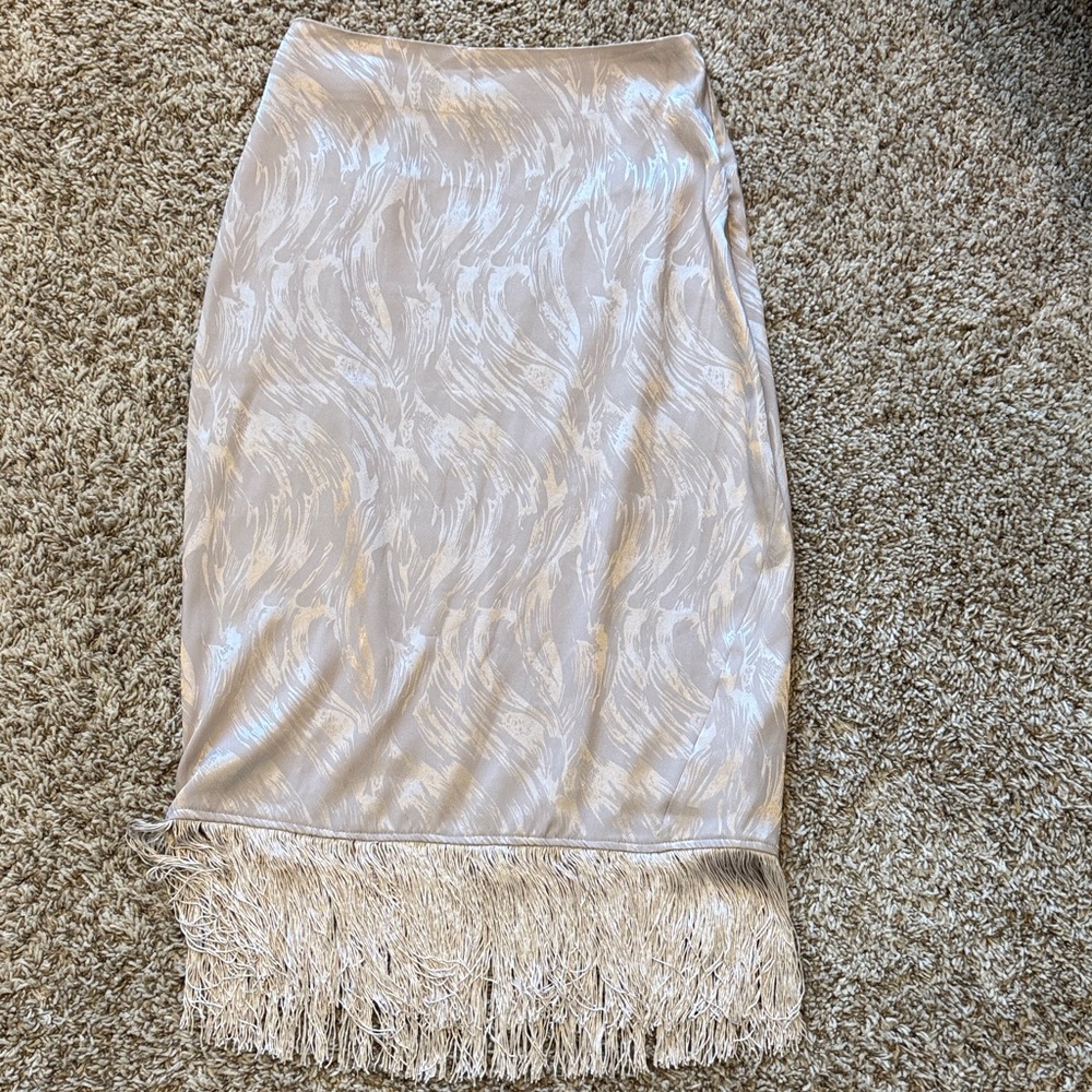 Sage Cream Textured Pencil Skirt with Fringe